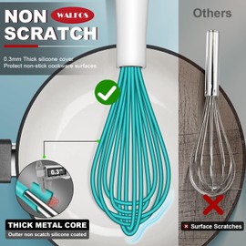 Walfos Silicone Whisk, BPA FREE Kitchen Whisk With 7+5in Mini Stainless Steel, 7+9+11in Non Scratch Coated Whisks for Nonstick Cookware, Premium for Whisking, Blending, Frothing, Beating.(Blue)