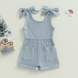Shejingb Toddler Girl Summer Clothes Sleeveless Romper Solid Jumpsuit Shorts Overalls Ribbed Halter One Piece Outfit (Pocket Knit Blue, 3-4T)