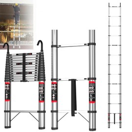 6.2M Telescopic Aluminum Ladder with Hooks, Folding Multi-Purpose Ladder Extendable Loft Ladder Lightweight Portable Collapsible Ladder Anti-Slip Telescoping Extension Ladder, Max Load 150kg, EN131