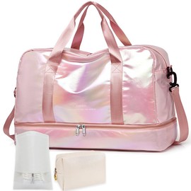 JEWYOCO Gym Bag for Women Sports Travel Duffel Bag with Toiletry Bag Weekender Overnight Carry On Bag with Shoes Compartment Wet Pocket for Women Girls Yoga Dance Tote Workout Hospital Swim Bags Pink