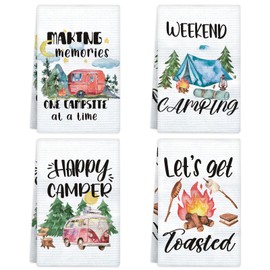 Camping Kitchen Towels Set of 4, Happy Camper Dish Towels Kitchen Hand Towels Kit Printed with Funny Sayings for Campers, Camping Tent Pine Tree Farmhouse Decor Sign Home Decorations,24X16inch