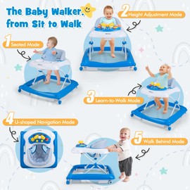 HONEY JOY Baby Walker, 5 in 1 Infant Activity Walker with Wheels, Music, Removable Cushion, Toddler Foldable Push Walker for Boys Girls, Anti-Rollover Walkers for Babies 7-14 Months (Blue)