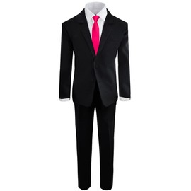 Black n Bianco Boys Formal Black Suit with Shirt and Vest (14, Black with Fuchsia Tie)