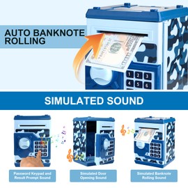 Pup Go ATM Money Box for Girls,Password Code Lock Piggy Bank, Cash Coins Saving Box for Kids Age 3 4 5 6 7, Auto Scroll Paper Money Bank, Perfect Toy Birthday Gifts for Kids(Blue)