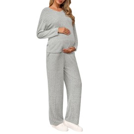 Yousify Womens Maternity Pajamas Sets 2 Piece Outfits Ribbed V Neck Long Sleeve Knit Tops Pants Pregnancy Loungewear Grey