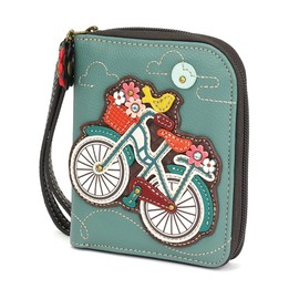 CHALA Zip Around Wallet, Wristlet, 8 Credit Card Slots, Sturdy Pu Leather - Bicycle - Teal