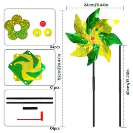 Yoseklpee 4pcs Reflective Pinwheels for Garden Decor Green and Yellow Extra Sparkly Pinwheel Wind Spinners Holographic St. Patrick's Day Party Decor for Yard Patio Garden Farm