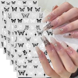 6 Sheets Butterfly Nail Art Stickers Black White Butterfly Designs Nail Stickers 3D Self-Adhesive Butterfly Stars Nail Decals Cute Nail Stickers for Women and Girls Nail Decoration Accessories