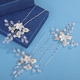 Octwine Handmade Bride Wedding Hair Pins Silver Flower Leaf Rhinestone Hair Pins Bridal Hair Accessories Rhinestone Pearls Hair Pins Crystal Pearls Hair Clips for Women