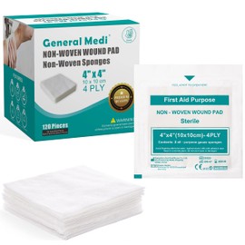 General Medi General Medi Sterile Gauze Sponges, 4" x 4" Non-Woven Wound Pads - Individually Wrapped Highly Absorbent Sponges Pads for Cushioning Minor Wounds, Cuts & Burns Wound Care (60 Packs, 120 Pieces Total)