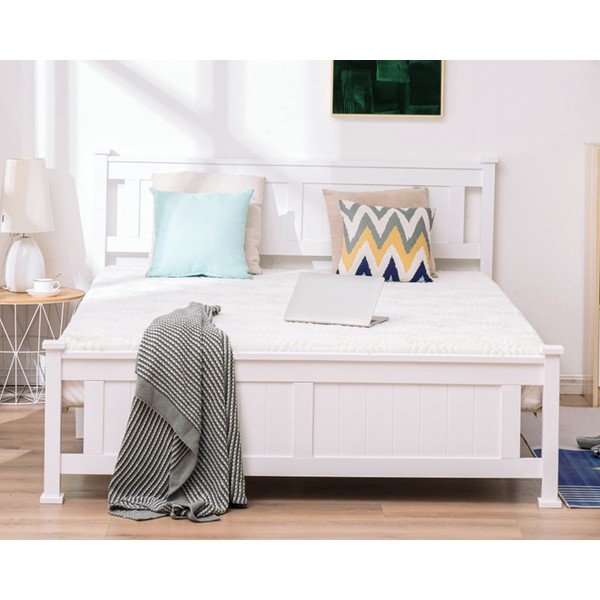 Bonnlo Queen Platform Bed Frame with Headboard, Wood Bed Frame, No Box Spring Needed, White