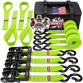 Vehiclex Motorcycle Ratchet Tie Down Straps with Soft Loops - 4PK Heavy Duty 1.5" x 8ft Kit, 4,400 lb Breaking Strength for Powersports, Green