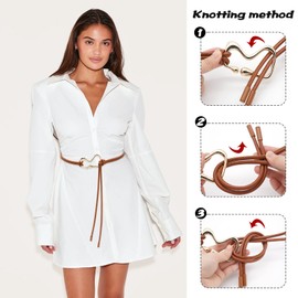 BAOKELAN Women Skinny Belts PU Leather Thin Belt Rope Knotted Waist Belt with Gold Buckle for Dresses Brown A