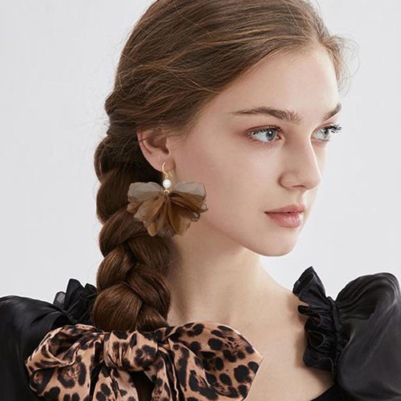 unixmoment Bohemian Big Pearl Fabric Flower Fringe Dangle Drop Earrings