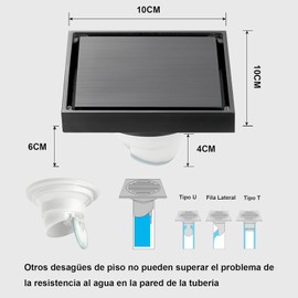 Desagüe de Ducha Cuadrado de Cobre Completo con Rejilla de inserción de azulejo de Cubierta extraíble de 10 cm de Largo, desagüe de Piso Cuadrado Chapado en Gris oscuro Mate para plomería 50/75