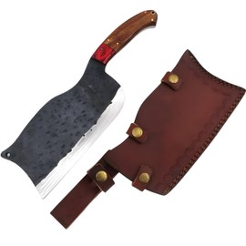 Old Ram Butcher Knife Handmade Forged Kitchen Chef Butcher Cleaver with Leather Knife Sheath