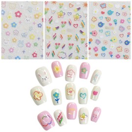 Byeolla emboss three-dimensional nail sticker flower rabbit butterfly heart sun star rainbow 3-piece set, 3 pieces, mixed colors / 별라 엠보 입체 네일 스티커 꽃 토끼 나비 하트 태양 별 무지개 3종 세트, 3개, 믹스 컬러