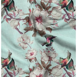 Soimoi Green Cotton Canvas Fabric Floral & Bird Print Fabric by the metre 58 Inch Wide