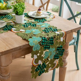 St. Patrick’s Day Table Runner, Embroidered Irish Clover Rainbow Table Runners, Spring Green Shamrock Leprechaun Hats Dresser Scarf for Tabletop Decoration (14 ×86 inch)