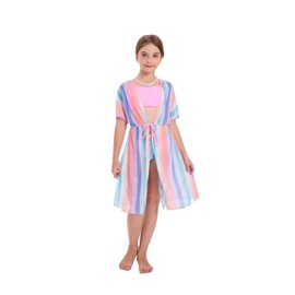 Alopncy Girls Bikini Set 3 Piece - Striped Multicolored Swimsuit with Quick Dry Cover Up - Bathing Suit for Kids 6-14 Years(9-10Years)