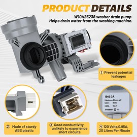 WPW10605427 W10425238 Washer Drain Pump (OEM) Intended for Whirlpool Drain Pump WFW75HEFW0 WFW72HEDW0, Fit for Maytag Washer Drain Pumps, WPW10605427 Replace W10605427 WPW10425238 W10799064 W10799065