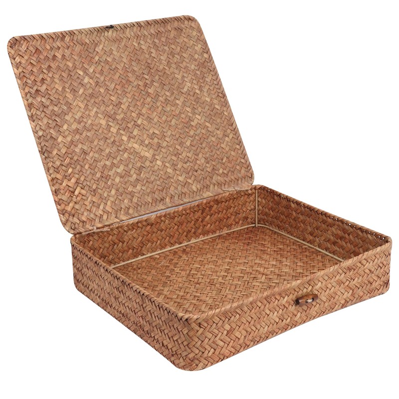 Moosky Flat Wicker Shelf Baskets with Lid, Handwoven Seagrass Basket