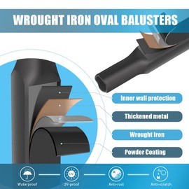 1/2 Inch Wrought Iron Oval Balusters - Hollow Iron Square Plain Bar Stair Balusters - Metal Spindles for Indoor Staircase with Iron Baluster Shoes, Satin Black (10 Pack)