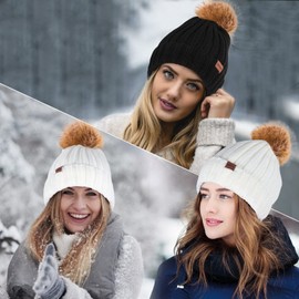 FVXYnnv 2 Pack Women Winter Pompom Hats Black White, Knitted Beanie Hat Snow Skull Ski Cap with Thick Soft Warm Fleece Lined