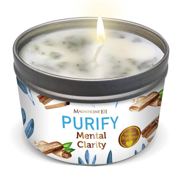 MAGNIFICENT 101 PURIFY Aromatherapy Candle for Clarity - Sage, Palo Santo, Sandalwood, Lavender Scented Natural Soybean Wax Tin Candle for Purification and Chakra Healing