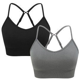 ANGOOL Women's Sports Bra Without Underwire Adjustable Spaghetti Straps Sports Bustier Women's Padded Seamless Convertible to Crossback, Black+grey, L