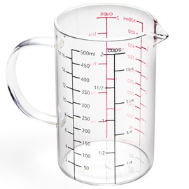 77L Glass Measuring Cup with Handle, [Double-Sided Measuring Scale, V-Shaped Spout, Insulated handle], High Borosilicate Glass Measuring Cup with Three Scales (OZ, Cup, ML) for Liquid (2 Cup)