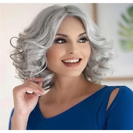 Silver Gray Curly Bob Synthetic Wig – Short Hair, Natural Look