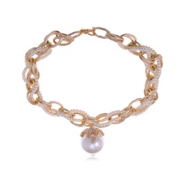 Alilang Golden Tone Chain Link Twist Braid Faux Pearl Rhinestone Fashion Choker Necklace