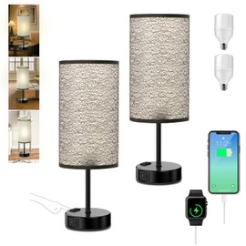 Table Lamp for Bedroom with Touch Control,Bedside Lamp with USB C+A Charging Ports& AC Outlets, Adjustable 3color LED Light for Home Decor/Nightstand/Bedroom/Office,Included Bulb and Fabric Lamp Shade