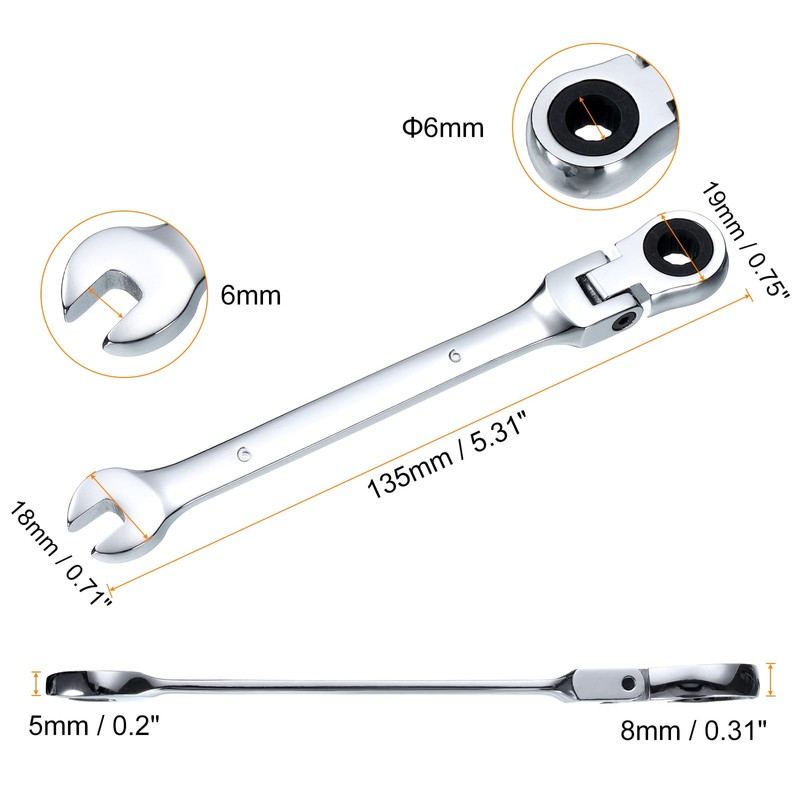 sourcing map 2pcs Flex-Head Ratcheting Wrench 6mm 180° Rotating Head
