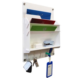 PROSPACE P0010 Mail Organizer with Key Holder for Wall Decorative Mail Sorter Wall Mounted, 12" x 16" Three-Story Acrylic Mail Holder with 5 Hooks and One Partition (White)