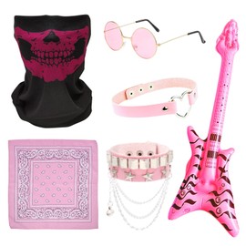 TUONYIS 6 Pcs Pink Rockstar Fancy Dress,Rockstar Fancy Dress Punk Accessories,Rock Star Accessories with Sunglasses Bandana Bracelet Mask Inflatable Guitar 80s Party for Men Women (Pink)