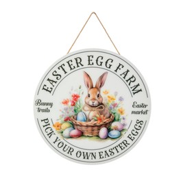 Glitzhome Easter Wooden Hanging Sign, 11.75"D Round Easter Bunny Eggs Sign Door Decoration, Rustic Easter Rabbit Wood Wreath Sign for Easter Spring Holiday Front Door Wall Farmhouse Porch Decor