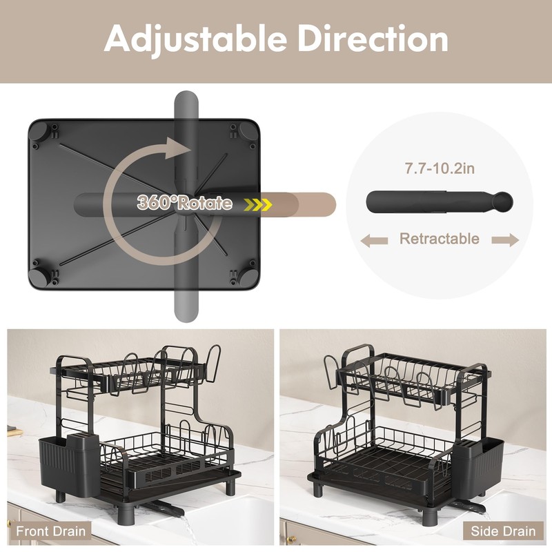 BOOSINY Dish Drying Rack, 2 Tier Large Stainless Steel Black