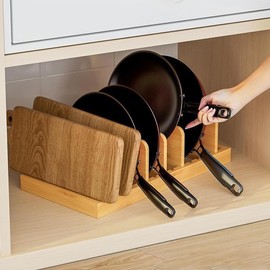 SUGOOE Bamboo Pot and Pan Organizer, Pot Lid Organizer Pot Lid Holder with 7 Adjustable Dividers, Multifunctional Kitchen Storage Rack for Pots, Pans, Baking Sheets, Cutting Boards