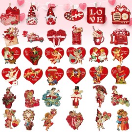 BDSHUNBF 36PCS Valentines Wooden Hanging Decoration, Wooden Ornaments, Wooden Hanging Decoration, Valentine’s Day Hanging Decor, Vintage Wooden Hanging Ornament, Wedding Anniversary Party Supplies