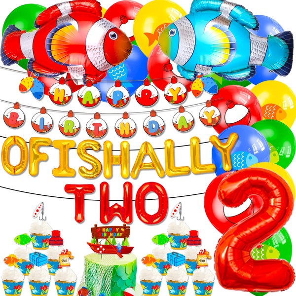 JeVenis 34 PCS Ofishally Two Birthday Decoration Ofishally Two Balloons Banner 2nd Birthday Fishing Decorations Party Supplies