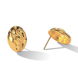 Hammered Irregular Chunky Teardrop Oval Stud Earrings for Women Sterling Silver Post Gold Plated Seashell Shaped Studs Hypoallergenic Fashion Trendy Jewelry Gift (Gold)