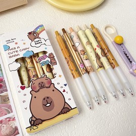 6 Pcs Capybala Retractable Pens Cute Cartoon Capybala Pen 0.5mm Black Ink Pen Soft Grip Writing Pens Gel Ink Pens Aesthetic Pens Office School Supplies for Girls Boys Women Men (6Pcs Capybara)
