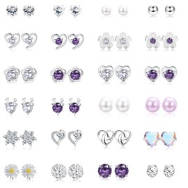 MILACOLATO 24 Pairs 925 Sterling Silver Stud Earrings Set Cubic Zirconia Earring Pearl Crystal Round Heart Shape CZ Flower Stud Earrings Jewelry for Women Girls