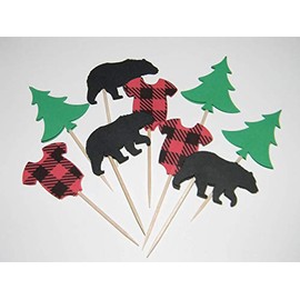 Woodland cupcake toppers food picks - Set of 24 - Bears, Trees and Buffalo plaid Jumpsuits - Woodland Lumberjack Birthday Baby shower decorations