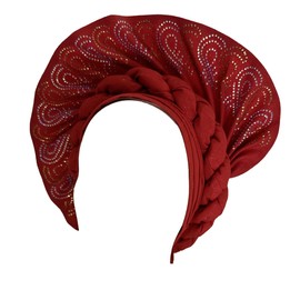 SugeGasa Luxury Nigerian Headties Already Made Auto Gele African Headtie Women Headbands Head Wrap or Party Wedding (Red)