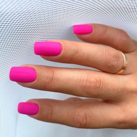 Matte Hot Pink Nails Press ons, Press on Nails Medium Square Glue on Nails Short Acrylic Glue on Medium Coffin Nail Gel Fake Nail False for Women, Thick Solid Color 24Pcs