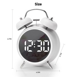 JUSTUP Digital Small Alarm Clock, 4.5 Inch Double Bell Electronic LED Alarm Clock, Plug in or Battery Operated Silent Metal Table Clock, Bedside Loud Bell Clock for Heavy Sleepers Adults Kids (White)