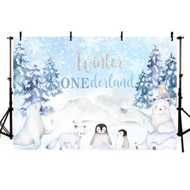 MEHOFOND 7x5ft Winter Onederland Backdrop Boys 1st One Birthday Blue Photography Background Arctic Animals Pine Trees Snow Winter Wonderland Bday Party Banner Decorations Photo Booth Props